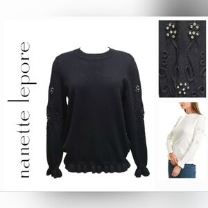 Nanette Lepore Black Ruffle Trim Sweater with Rhinestone Sleeve Detailing Sz L